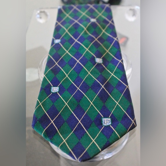 FACCONABLE MENS TIE GREEN NAVY ARGYLE VINTAGE 100% SILK MADE IN FRANCE - Picture 4 of 7